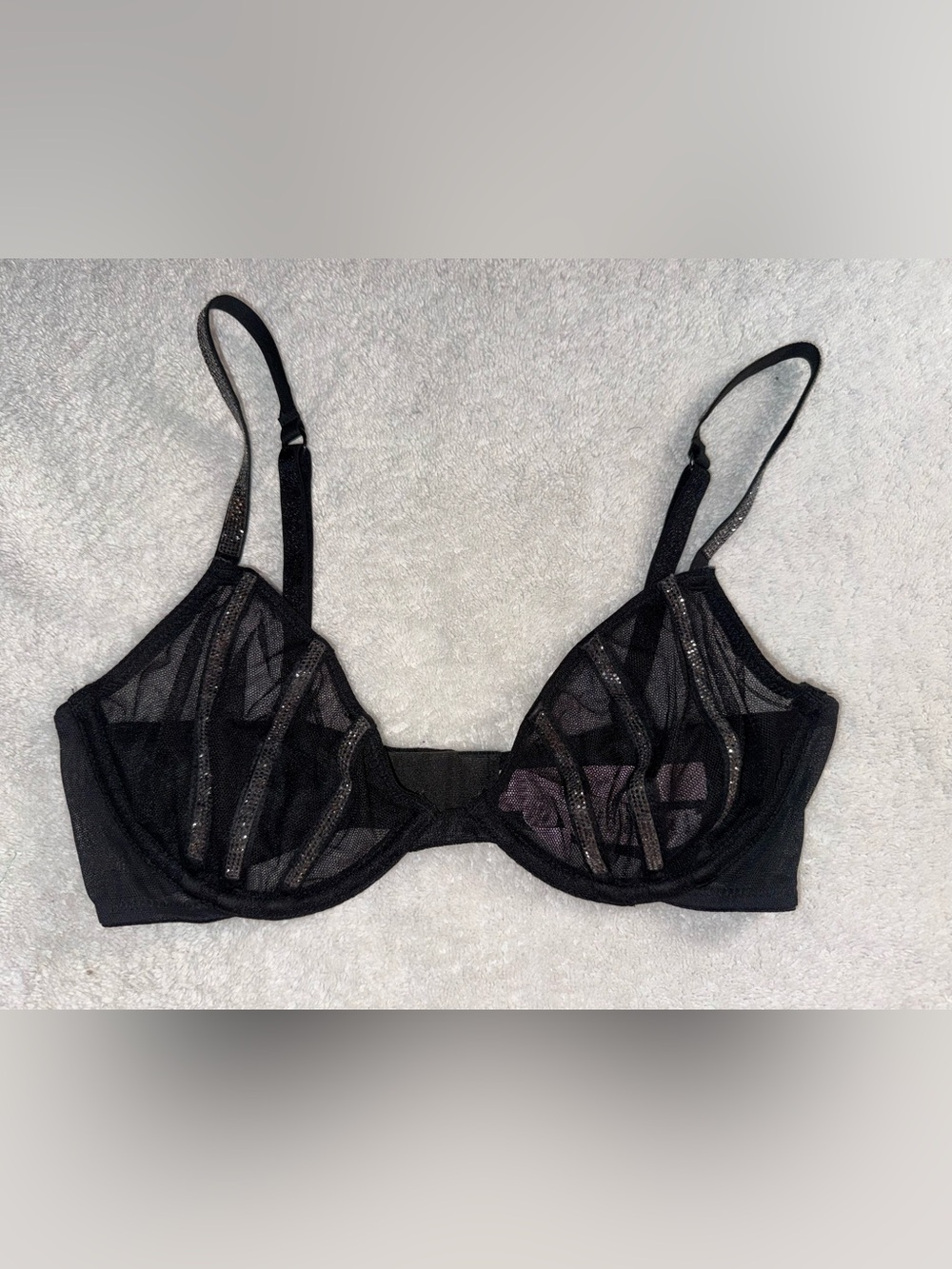 Victoria's Secret Black Sheer Mesh Underwire Bra with Sequin Strips‎ Size 32C